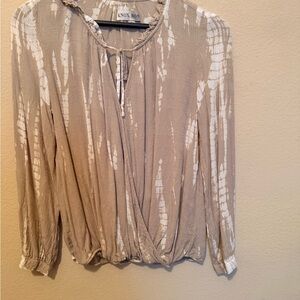 Knox Rose Taupe and White Tie-Dye Wrap-Front Blouse